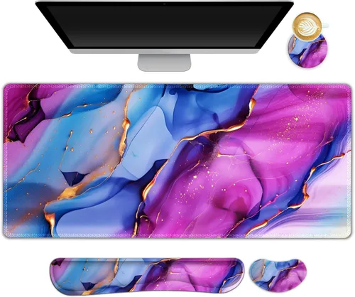 Miniatura 20 de Juego de alfombrilla de mouse grande para juegos, 4 en 1, alfombrilla de escritorio extendida para teclado con reposamuñecas, juego de alfombrilla