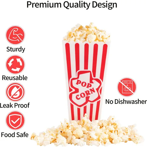 Miniatura 5 de RAYMEA Recipientes de plástico para palomitas de maíz, cajas reutilizables de estilo retro a rayas rojas y blancas para noche de cine de 4 x 8