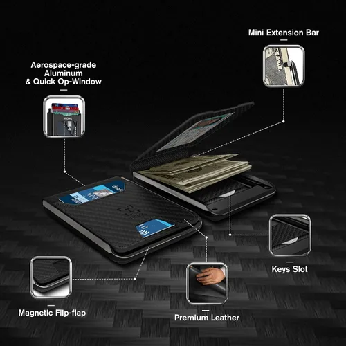 Miniatura 2 de INCIPAL Cartera minimalista de cuero para hombre, soporte de tarjeta de crédito de metal de cuero con clip para dinero, Fibra de carbono, Soporte