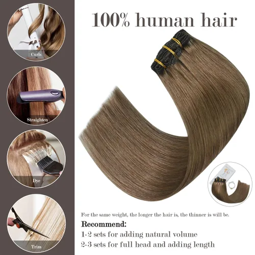 Miniatura 2 de Honsoo Extensiones de cabello humano con pinzas, color castaño ceniza, extensiones de cabello humano real, 2.47 onzas, 7 unidades, 12 pulgadas