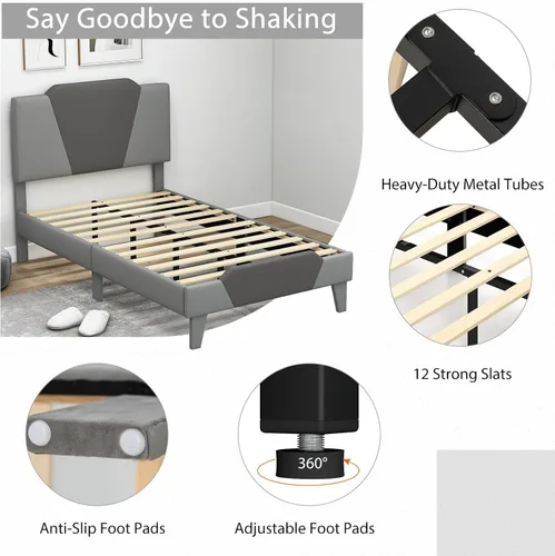 Miniatura 7 de Giantex Base de cama tapizada de terciopelo individual con cabecero, cama de plataforma moderna con listones de madera fuertes y estribo de 2