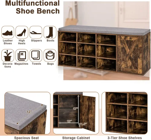 Miniatura 5 de Giantex Banco de zapatos de 9 cubos con almacenamiento, estantes ajustables con cojín acolchado extraíble, banco de almacenamiento de zapatos de 3