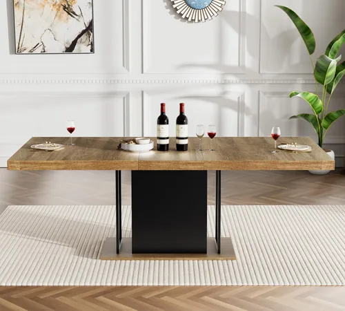 Miniatura 4 de Juego de mesa de comedor extensible marrón de 9 piezas para 8, 63 a 78.74 pulgadas, juego de mesa de cocina y comedor, mesa de comedor extensible