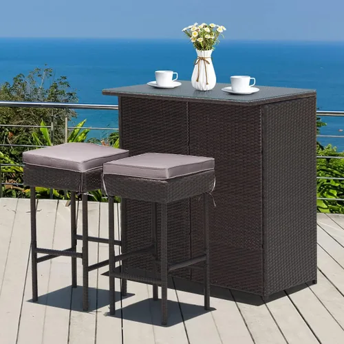Miniatura 4 de Tangkula - Juego de barra para patio, 3 piezas de mimbre para exteriores, con 2 taburetes con cojines y mesa con cubierta de cristal, color gris