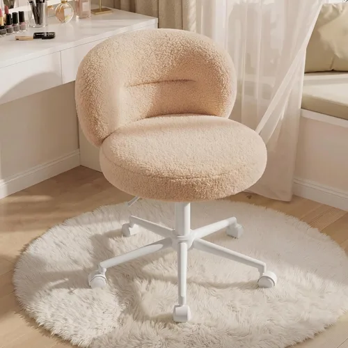Miniatura 10 de Homkdom Silla de escritorio redonda pequeña, silla de tocador sin brazos con ruedas, altura ajustable y giratoria de 360°, bonita silla de Negro