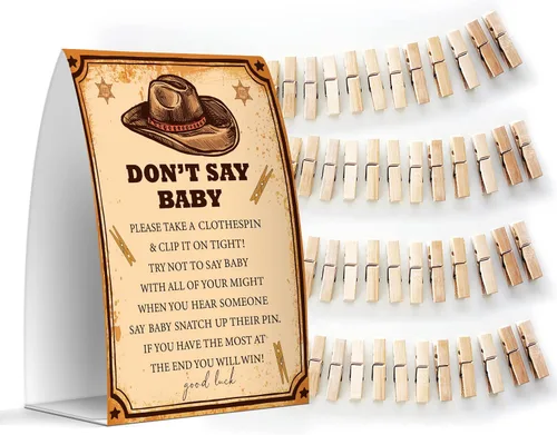Miniatura 5 de Juego de texto en inglés "Don't Say Baby", un letrero de 5 x 7 pulgadas y 50 mini pinzas para la ropa, juegos de baby shower, decoración de baby