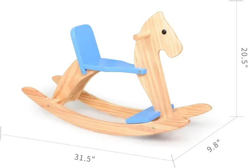 Miniatura 7 de Caballo mecedor de madera para bebé, juguete para niños pequeños, diseño clásico con pedal y respaldo seguro para niños pequeños (azul)