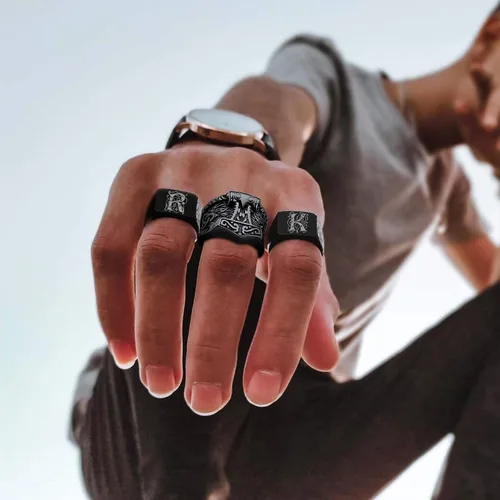Miniatura 3 de FaithHeart Norse Viking Jewelry - Anillo de acero inoxidable de guerrero para hombre con diseño vikingo de cabeza de lobomartillo de Thor