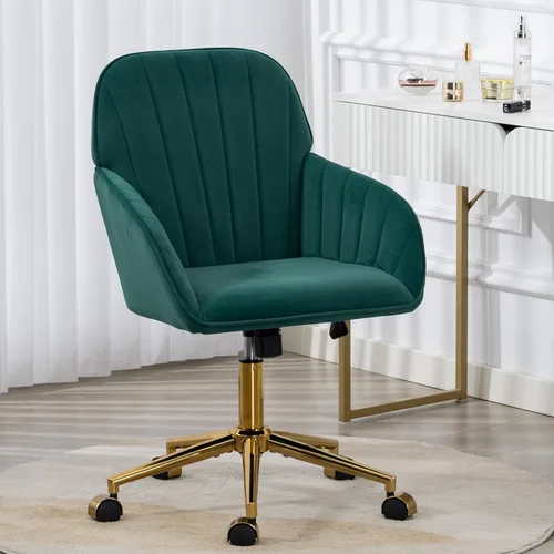 Miniatura 11 de Silla de Oficina para Hogar, Silla Moderna de Maquillaje de Terciopelo con Base Dorada y Ruedas, Silla de Escritorio Giratoria con Altura Ajustable