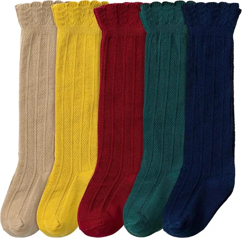 CozyWay Calcetines altos hasta la rodilla, calcetines largos para recién nacidos, niñas y niños pequeños, uniformes con volantes, medias largas