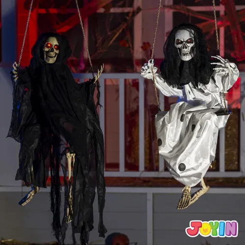 Miniatura 5 de JOYIN 2 piezas de decoración de fantasmas colgantes de Halloween al aire libre, decoración de Halloween con ojos iluminados, espeluznante esqueleto