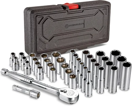 Powerbuilt 642450 Juego de herramientas mecánicas de accionamiento de 38 piezas de 1/4 pulgadas, con juego de llaves SAE y métricas, trinquete de