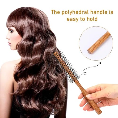 Miniatura 5 de Cepillo redondo con punta de bola con mango de madera y cerdas de nailon para cabello corto, flequillo, barbas de hombres y secado por soplado