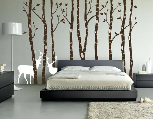 Miniatura 4 de Innovative Stencils Calcomanía de vinilo de abedul para pared, bosque con pájaros de nieve y ciervos, extraíble (9 árboles) #1161