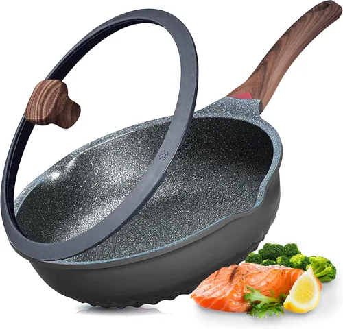 Vinchef Sartén Antiadherente Profunda para Freír con Tapa, Sartén para Saltear de 11 pulgadas/5 cuartos de galón, Tecnología Alemana de Negro