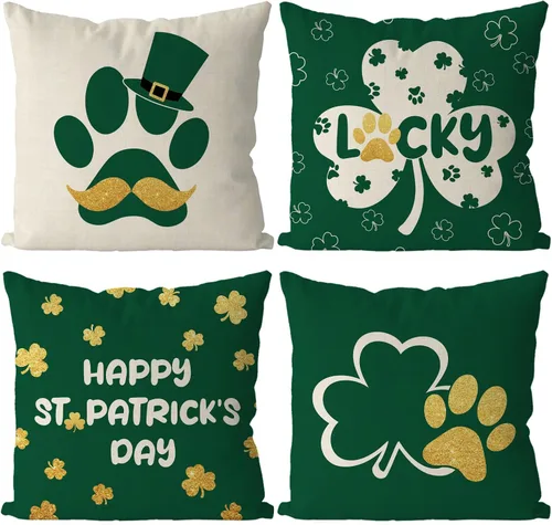 GAGEC Juego de 4 fundas de almohada del Día de San Patricio de 18 x 18 pulgadas, divertidas fundas de almohada con diseño de patas de perro, diseño