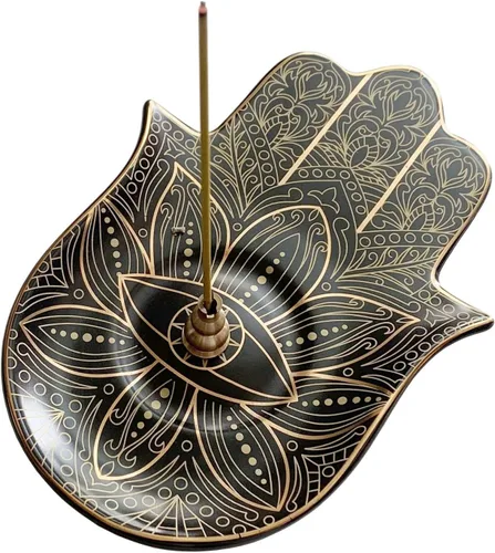 Soporte de incienso de mano Hamsa de cerámica – Soporte de incienso de latón 2 en 1 para palos y bobinas de incienso – Decoración Zen con diseño de