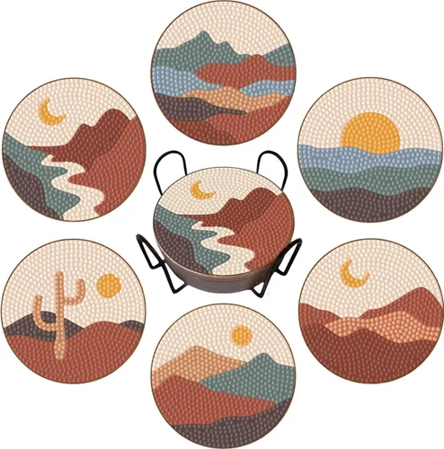 Bulerrylulu Juego de 6 posavasos de pintura de diamantes con soporte, juego de posavasos de arte de diamante de paisaje para bebidas y mesa de café,