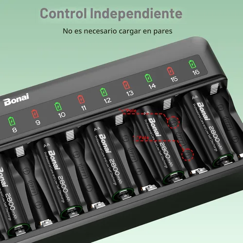 Miniatura 5 de Bonai Baterías AA recargables con cargador, 2800 mAh de alta capacidad precargadas, baja autodescarga, a prueba de fugas, doble A (paquete de 16)