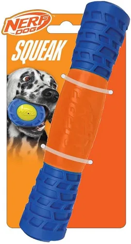 Nerf Dog Exo Squeak Stick - Juguete para perros al aire libre, juguete chirriante de 8 pulgadas para cachorros y perros pequeños, azul/naranja