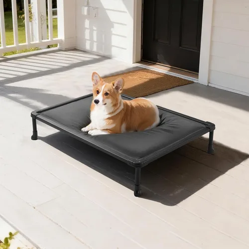 Miniatura 10 de Veehoo Cama elevada para perros a prueba de masticación, catre elevado duradero para mascotas con tapete impermeable relleno de algodón de Negro