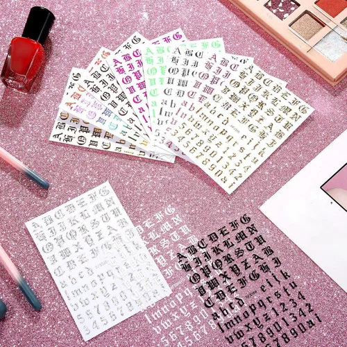 Miniatura 3 de Maitys 24 hojas de calcomanías para uñas con letras holográficas 3D, autoadhesivas, para uñas inglesas antiguas, doradas, negras y blancas, diseño