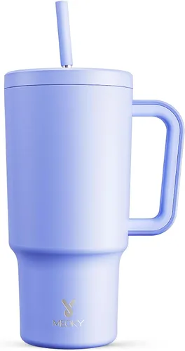 Miniatura 49 de Meoky - Vaso de 30 oz con asa, tapa y pajilla, taza de viaje térmica de acero inoxidable 100% a prueba de fugas, para portavasos, mantiene el frío