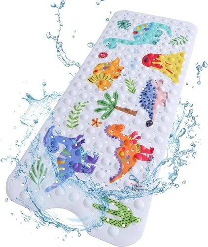 Tapete de baño para bebé para niños, tapete de baño extra grande de 40 x 16 pulgadas, antideslizante, con dibujos animados, con ventosas y orificios