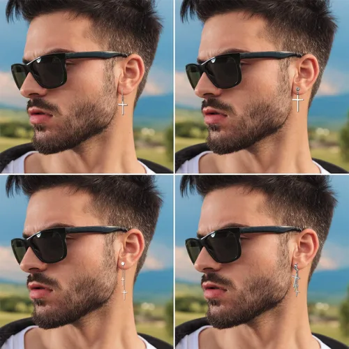 Miniatura 6 de Cupimatch Juego de 11 pares de aretes colgantes de cruz de acero inoxidable con piercings de aro con bisagras, joyería para hombres y mujeres