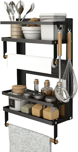 EASTTOWEST Estante magnético para especias, estante magnético de cocina de 4 niveles para refrigerador, nevera, organizador con 2 soportes para