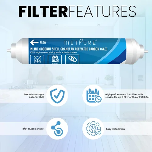 Miniatura 8 de Metpure Filtro de agua GAC en línea 2" x 10" x 3/8" OD. carbón activado granular de cáscara de coco para sistema de filtración de agua de ósmosis