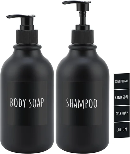 Segbeauty Dispensador de champú negro mate, 2 botellas vacías recargables de 16.9 onzas con etiquetas, dispensador de loción de prensa de plástico