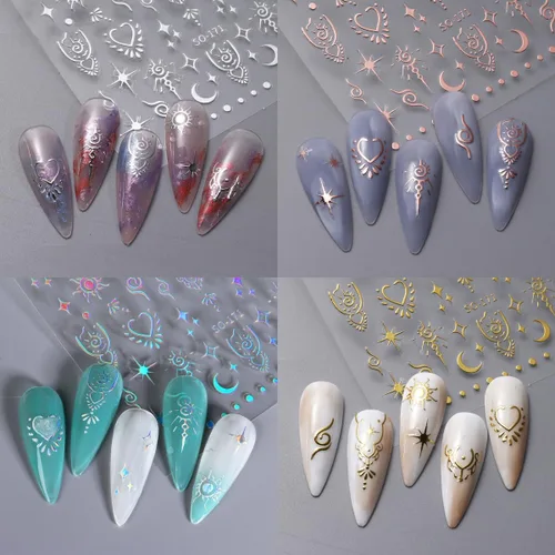 Miniatura 2 de 6 hojas de calcomanías de uñas de estrellas doradas 3D autoadhesivas plateadas, calcomanías de uñas degradadas de corazón y luna, calcomanías