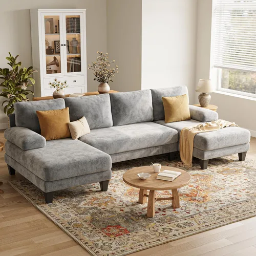 Miniatura 10 de Sofás seccionales en forma de U para sala de estar, sofá modular moderno de 112 pulgadas, sofá de felpilla gris oscuro con diván doble