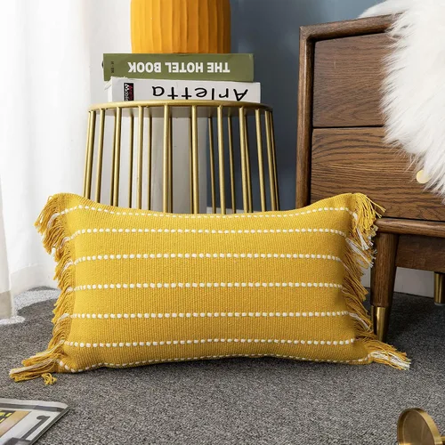 Miniatura 10 de LIGICKY Fundas de almohada decorativas para el hogar, estilo bohemio, con borlas, cuadradas, de algodón, a rayas, para sofá, dormitorio, sala