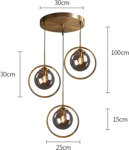 Miniatura 2 de Lámpara colgante industrial vintage de 3 luces, anillo de metal de latón con pantalla de globo de vidrio, lámpara colgante de techo retro, lámpara