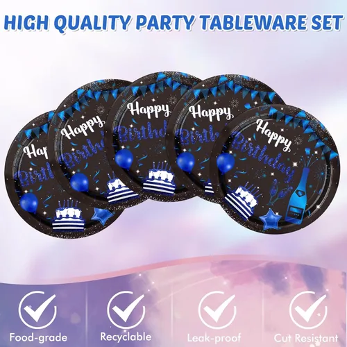 Miniatura 5 de Juego de 41 piezas de vajilla de decoración de fiesta de cumpleaños azul marino y negro, incluye platos, servilletas, mantel para hombres y mujeres