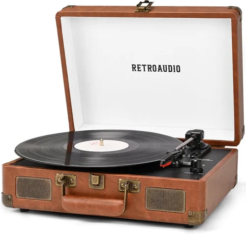 Reproductor de discos de vinilo portátil con Bluetooth de 3 velocidades tipo maleta con 2 altavoces estéreo integrados, tocadiscos accionado por