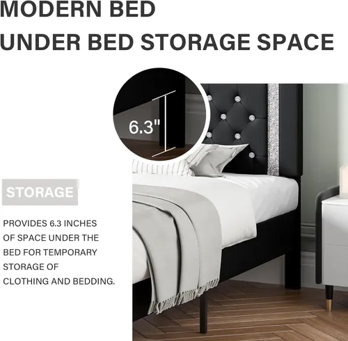 Miniatura 6 de BarnFurin Base de cama y cabecero tamaño King, cama tapizada de piel sintética con diseño capitoné de diamante, base de cama de plataforma moderna
