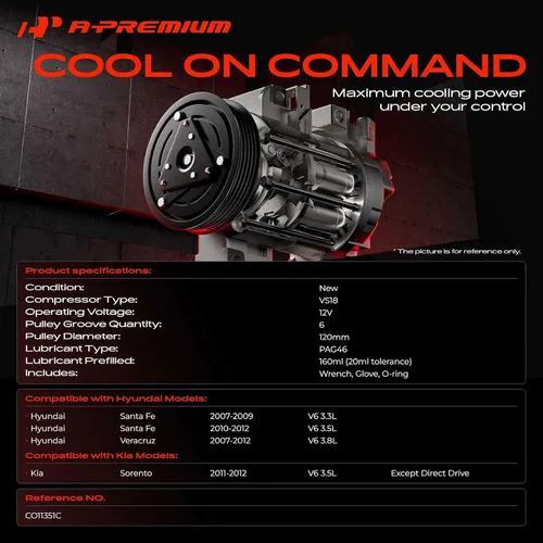 Miniatura 2 de A-Premium Compresor de aire acondicionado con embrague compatible con Kia Sorento 2011-2012, Hyundai Santa Fe Veracruz 2007-2012, 3.3L 3.5L 3.8L