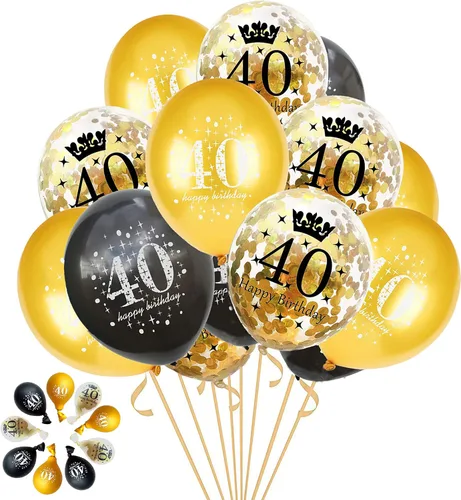 Jonhamwelbor Globos dorados y negros de 40 cumpleaños, decoraciones de fiesta, paquete de 15 globos de látex y confeti de 12 pulgadas impresos con