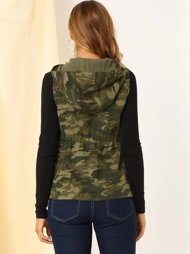 Miniatura 5 de Allegra K Chaleco de camuflaje con capucha y cordón en la cintura para mujer