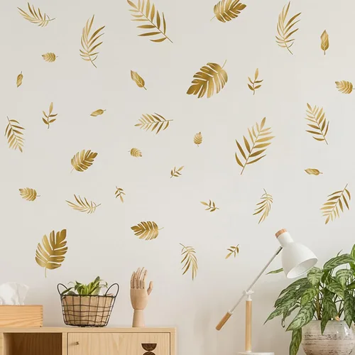 Miniatura 5 de Calcomanías de pared de hojas doradas, calcomanías de pared de hojas botánicas para despegar y pegar para sala de estar y dormitorio