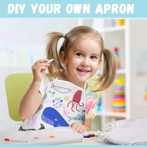 Miniatura 5 de Pllieay 52 delantales para niños, delantales blancos para niños con bolígrafo de colores y plantillas de diario para pintura, cocina, cocina