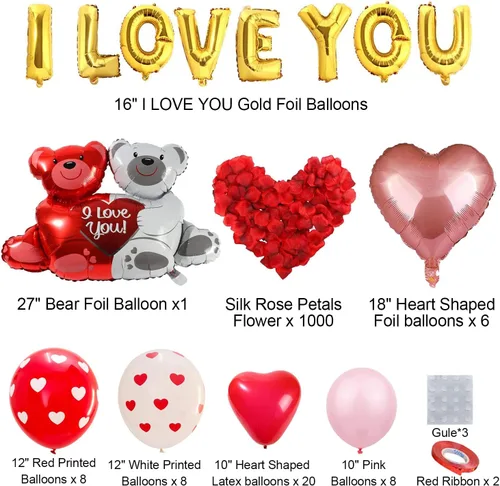 Miniatura 3 de Kit de globos de feliz aniversario y propuesta: globos románticos con texto en inglés "I Love You, Heart, Bear Balloons, 1000pcs Rose Petals