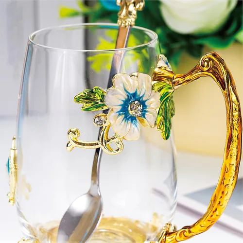 Miniatura 4 de Taza de té con flores, taza de café de vidrio con mariposa y margarita, con cuchara, caja de regalo para su mamá, esposa, abuela, niñas, amigas