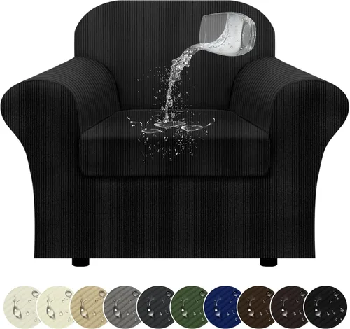 Miniatura 41 de Funda impermeable para silla con brazos, juego de 2 piezas, funda a rayas para 1 sofá separado con cojín en T, fundas de sillón de tela