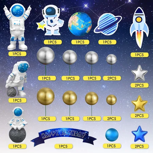 Miniatura 3 de Epakh 24 piezas de astronauta espacio para tortas espaciales, decoración de tartas, figura de astronauta, suministros para fiesta de cumpleaños, Azul