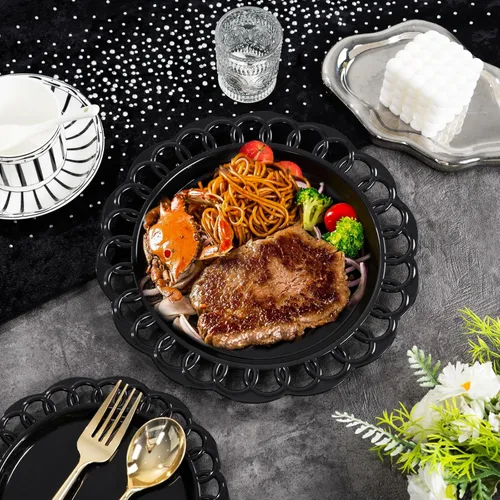 Miniatura 6 de COLOSUS Juego de 60 platos de plástico negro, platos barrocos elegantes, elegantes platos desechables con borde de encaje, platos de plástico