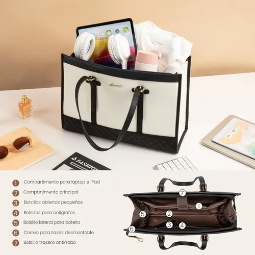 Miniatura 5 de LOVEVOOK Bolsa para Laptop para Mujeres de 15.6 pulgadas Bolsa Tote de Lona para Laptop, Bolsa de Trabajo de Gran Capacidad con Cartera Clutch